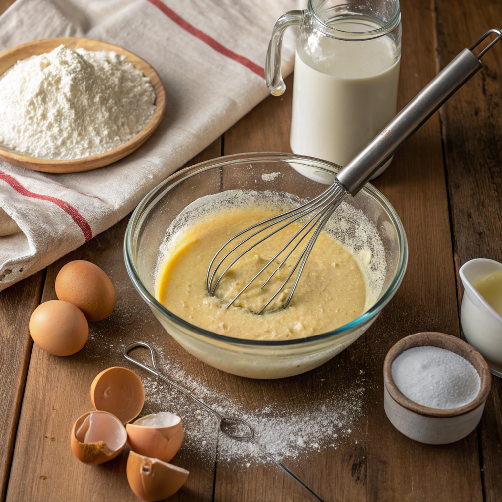 Mixing pancake batter in a bowl