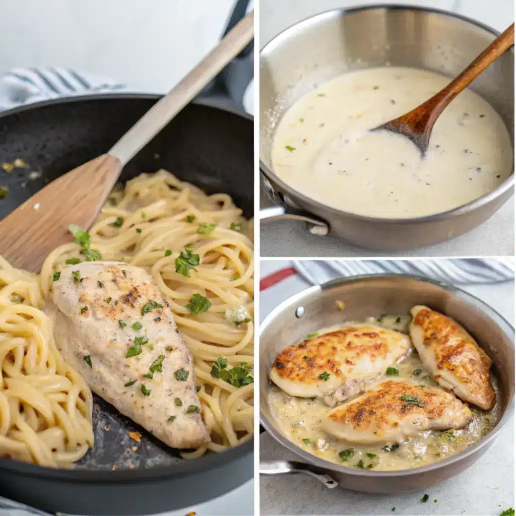 Cooking process of Garlic Parmesan Chicken Pasta in a skillet.