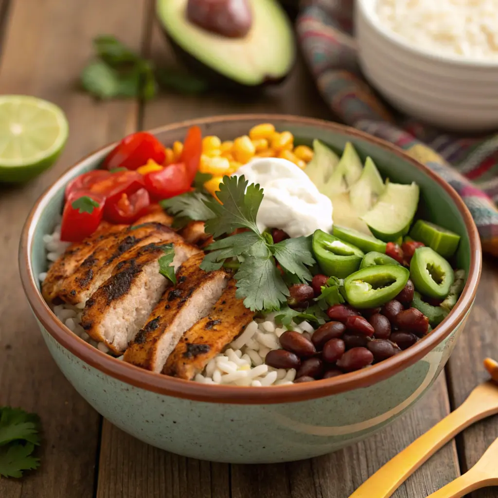  Chicken taco bowl with toppings and rice.