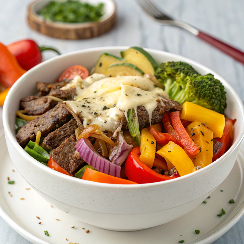 A close-up of a Philly cheesesteak bowl with a focus on vegetables and protein for nutritional balance.