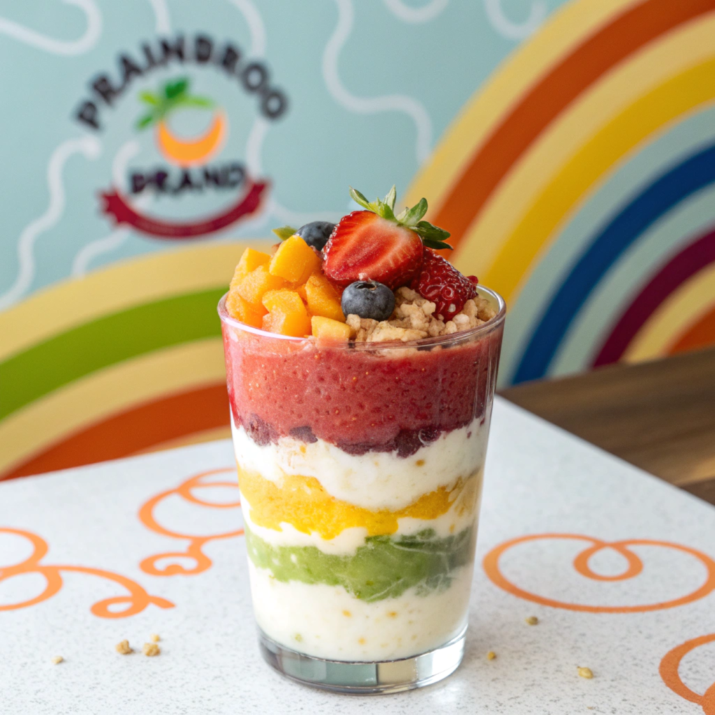 A rainbow parfait on a table with a vibrant, branded background.