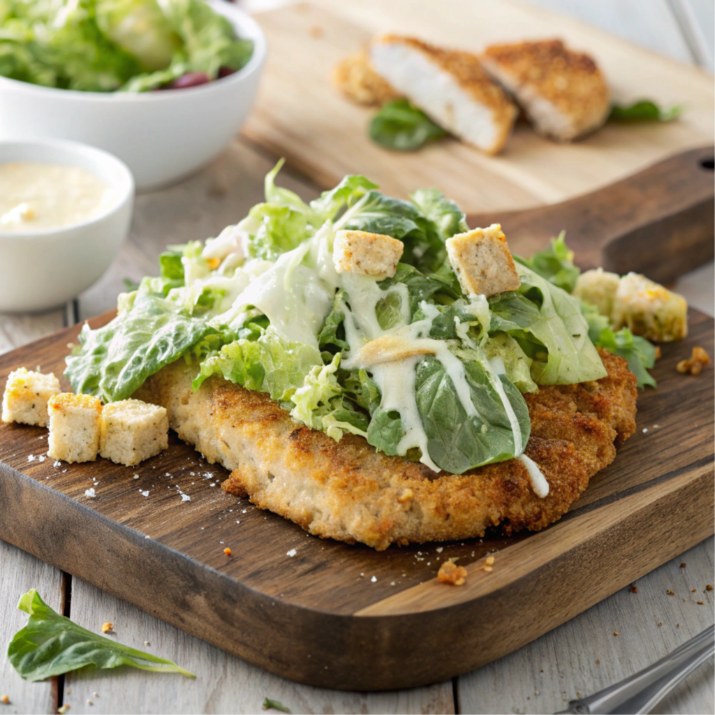 Caesar salad topping on chicken crust.