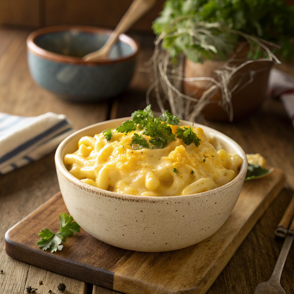 A creamy bowl of Cabot macaroni and cheese garnished with parsley.