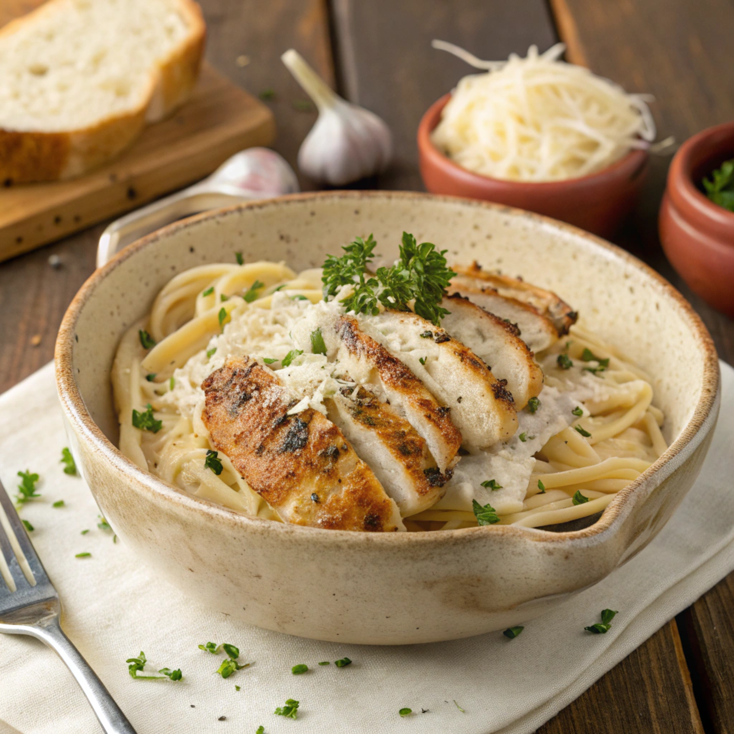 Creamy garlic parmesan chicken pasta served in a bowl with parsley garnish