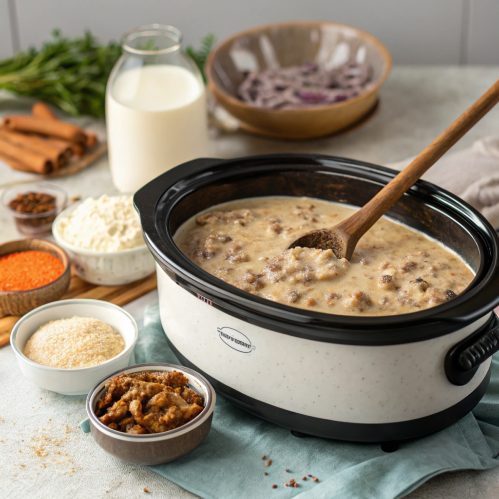 A crockpot filled with creamy sausage gravy being stirred with a wooden spoon.