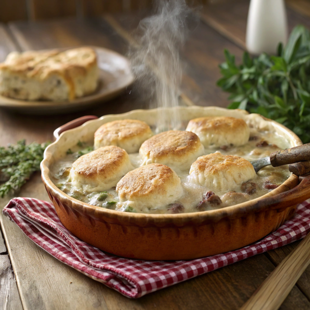 A freshly baked sausage gravy and biscuit pie in a rustic pie dish.