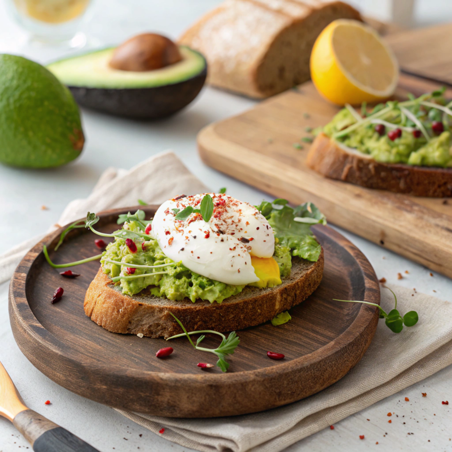 Avocado toast with poached egg garnished with herbs and chili flakes