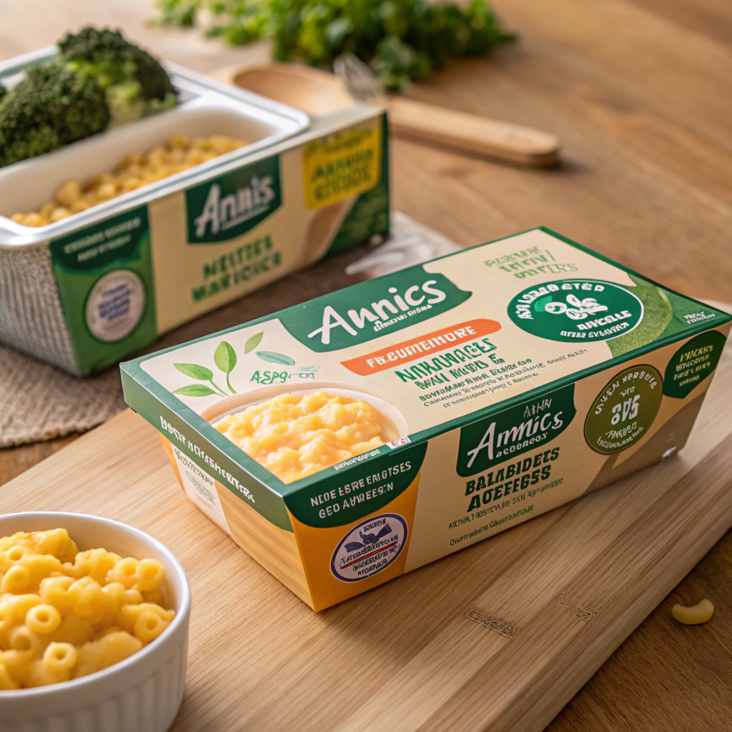 Recyclable packaging of Annie’s Mac and Cheese.