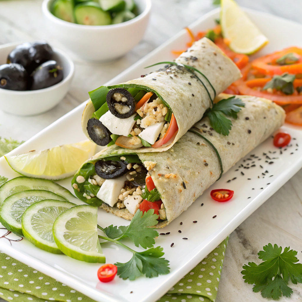 Three turkey and veggie wraps styled differently, showcasing global flavors like Mediterranean, Asian, and Mexican.