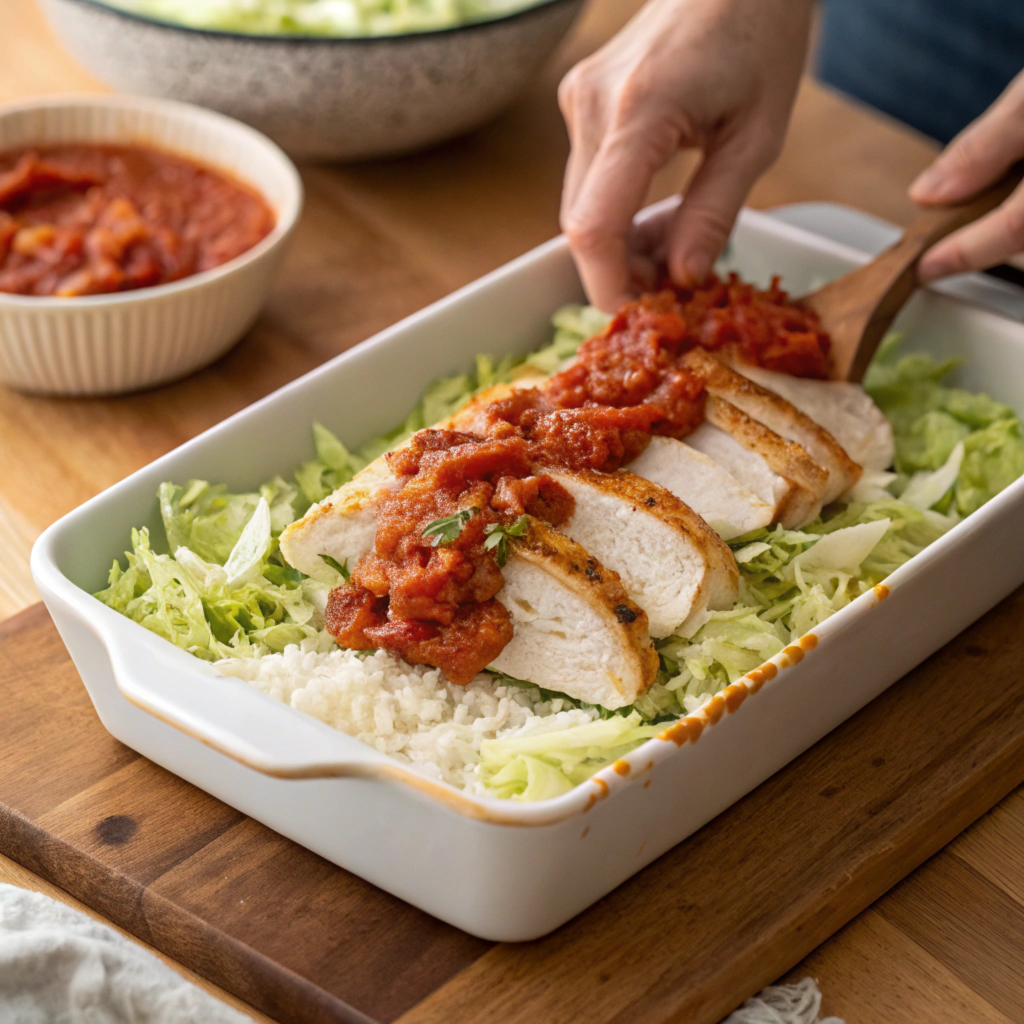 Layering ingredients for turkey cabbage casserole in a baking dish