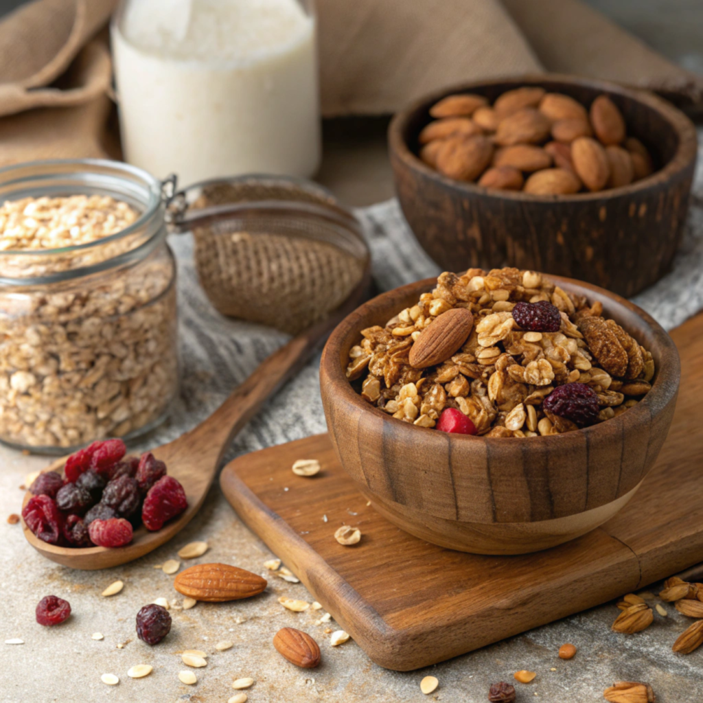 A bowl of granola with nuts and dried fruits.