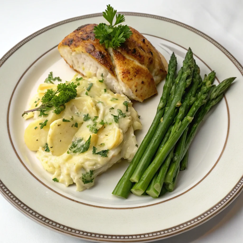 Scalloped potatoes served with roast chicken and a green salad.