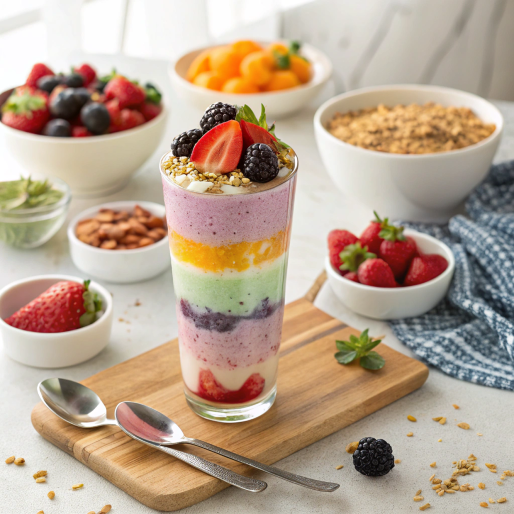 Homemade rainbow parfait with natural fruit toppings.