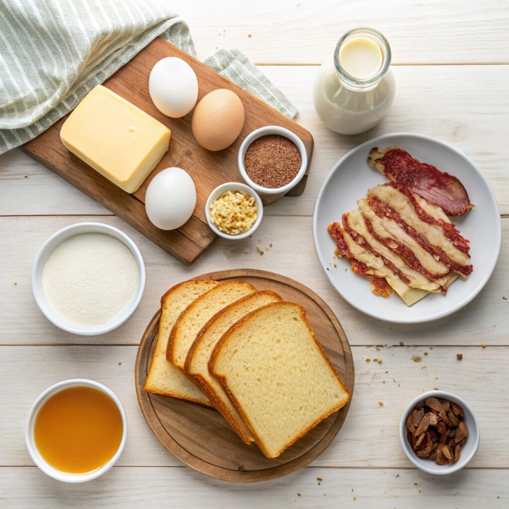 Ingredients for making a French Toast Breakfast Sandwich laid out on a kitchen counter.