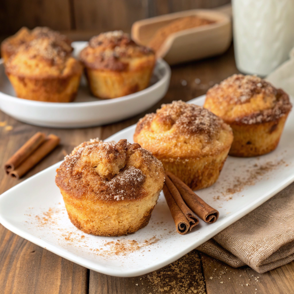 Freshly baked cinnamon sugar French toast muffins on a white plate.