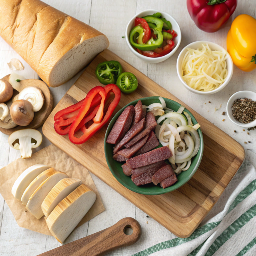 Fresh ingredients for a Philly cheesesteak bowl, including sliced beef, colorful bell peppers, mushrooms, and onions.