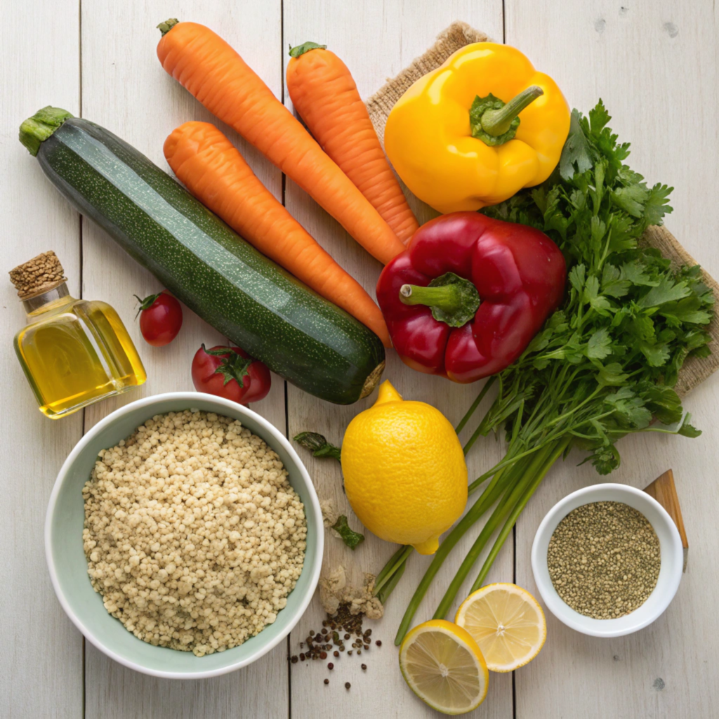 Ingredients for quinoa salad laid out on a wooden table.