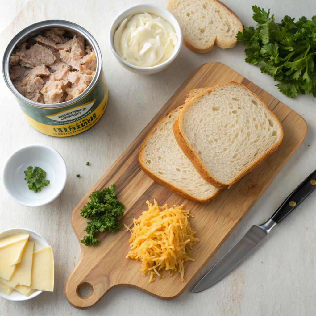 Ingredients for making a tuna melt sandwich laid out on a table