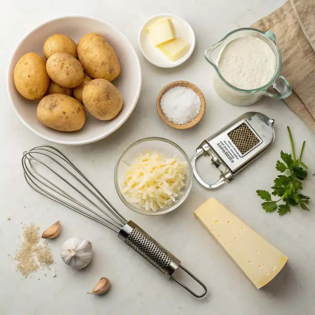 Fresh potatoes, cheese powder, and cream arranged with kitchen tools.