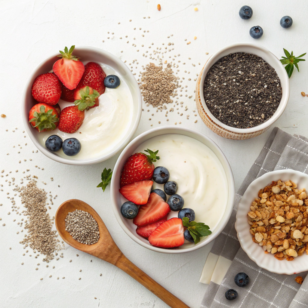 Individual ingredients for a yogurt parfait displayed on a table, including yogurt, granola, and fresh fruits.