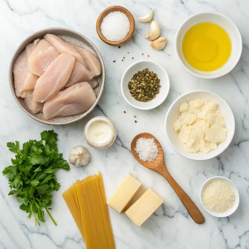 Ingredients for Garlic Parmesan Chicken Pasta laid out on a table.