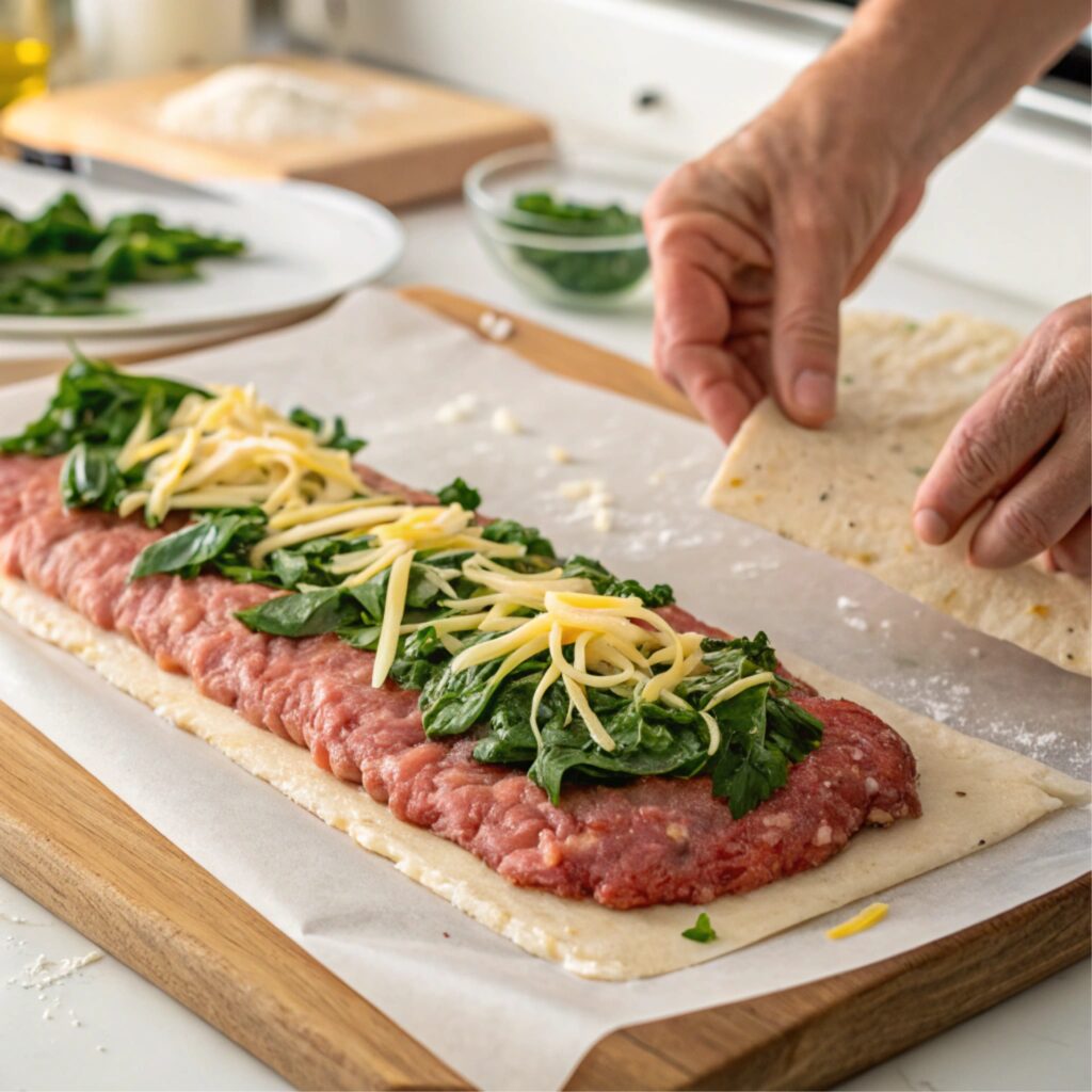 Rolling out meatloaf and layering the stuffing