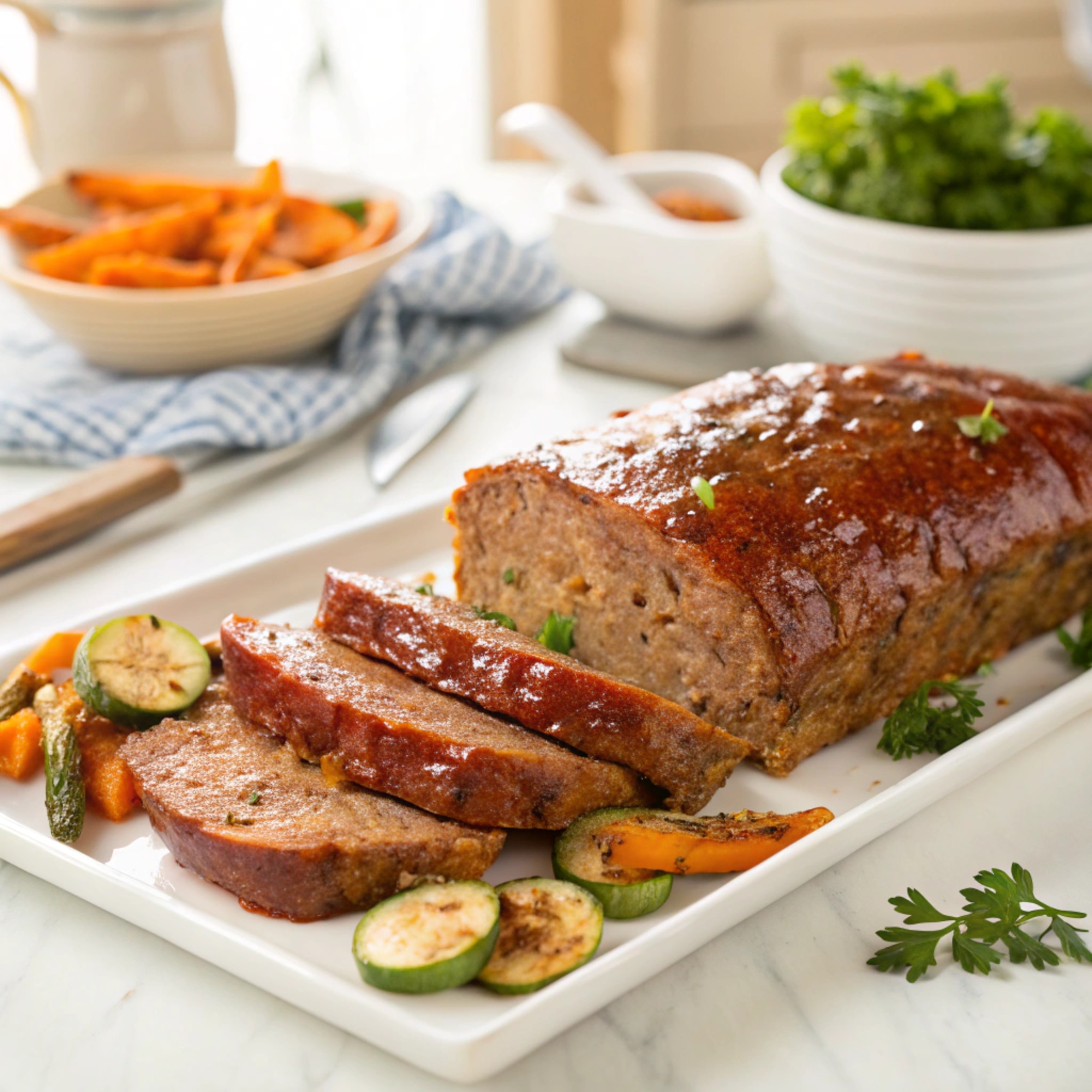 Gluten-free meatloaf garnished with fresh parsley and served with a side of roasted vegetables.