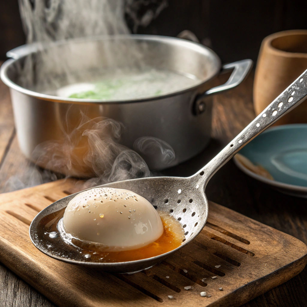 A perfectly poached egg on a slotted spoon