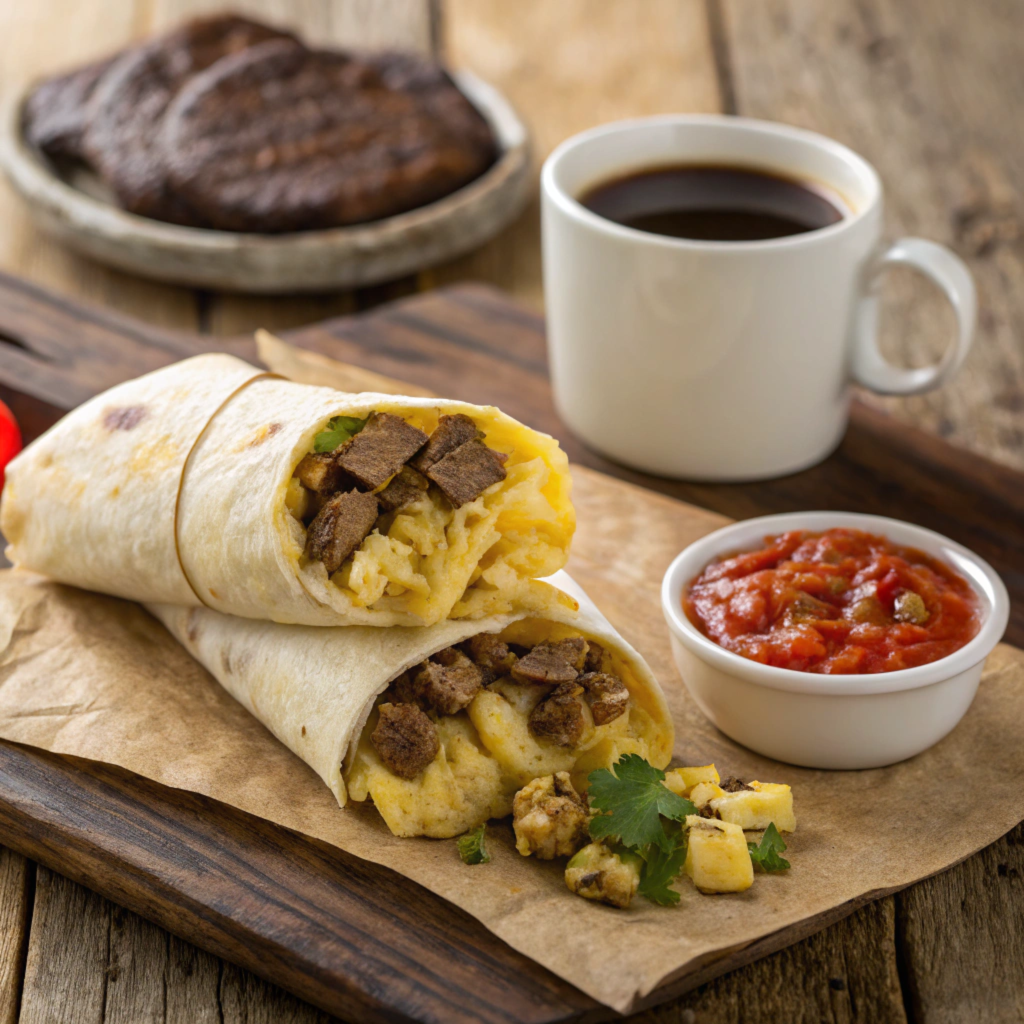 A freshly made breakfast burrito from Alberto's with eggs, steak, and potatoes.