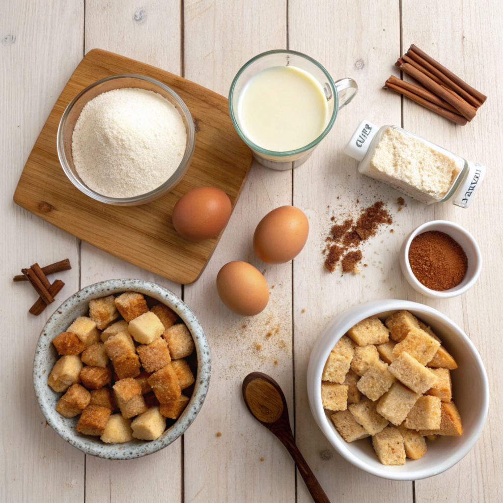 Ingredients for French toast muffins, including bread, eggs, milk, cinnamon, and sugar.
