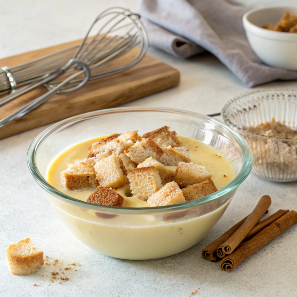 Mixing bread cubes with custard in a bowl for muffins