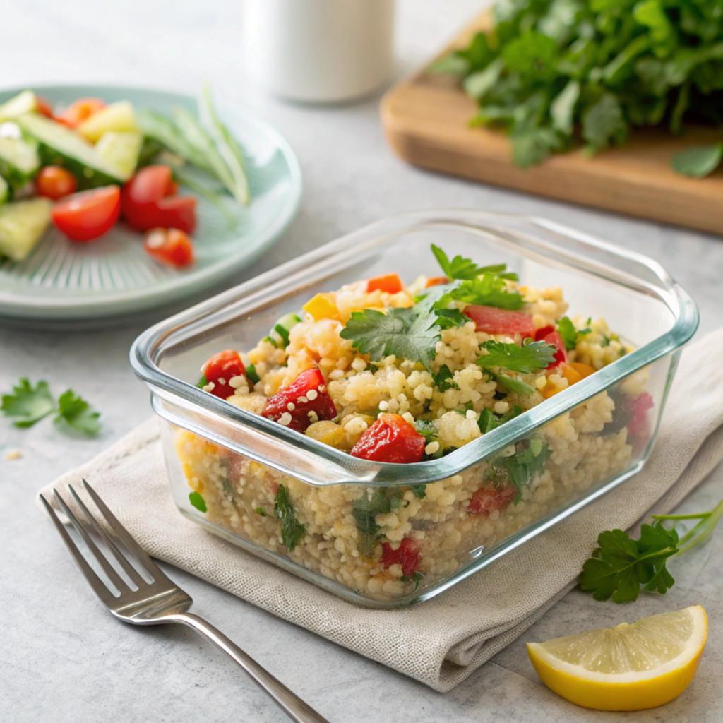 Quinoa salad stored in a glass container