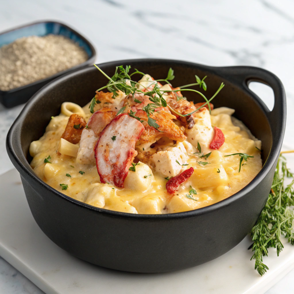 A gourmet mac and cheese bowl with truffle oil and lobster pieces