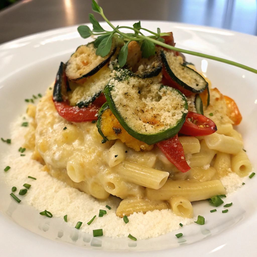 A gourmet-style mac and cheese dish with added vegetables and herbs.