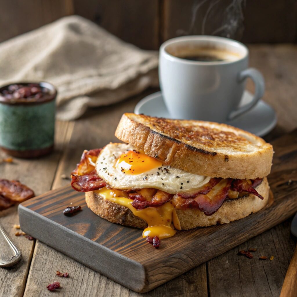 A gourmet sourdough breakfast sandwich on a plate with a side of coffee.