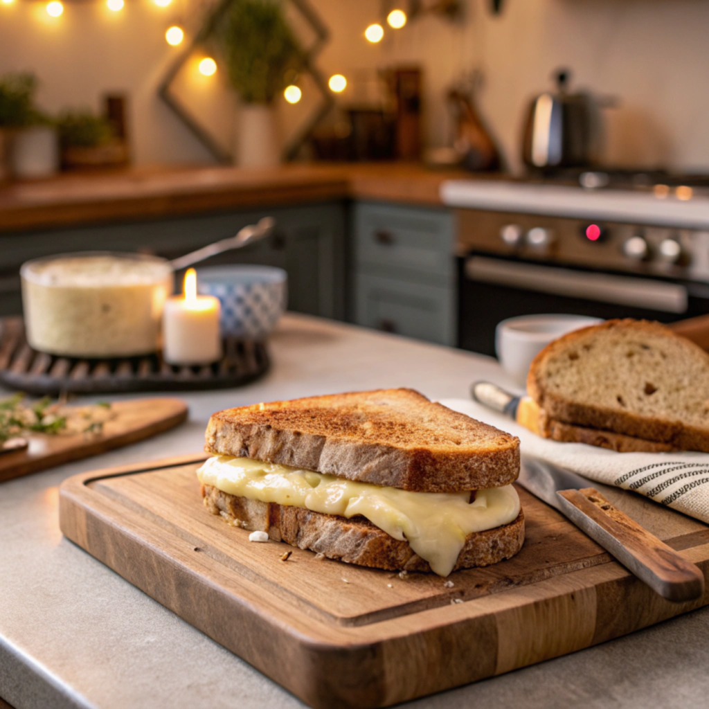  A grilled cheese sandwich being prepared with whole-grain bread and mozzarella cheese