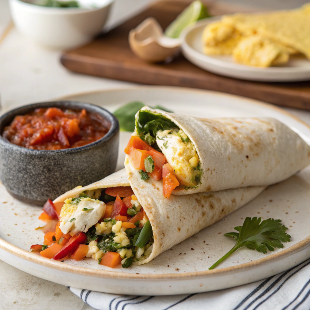 A burrito with egg whites, vegetables, and salsa on the side.