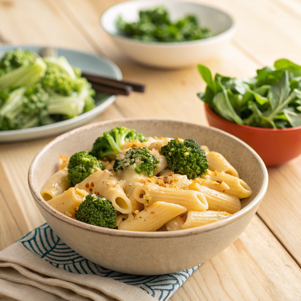 A healthy mac and cheese bowl made with whole grain pasta and vegetables