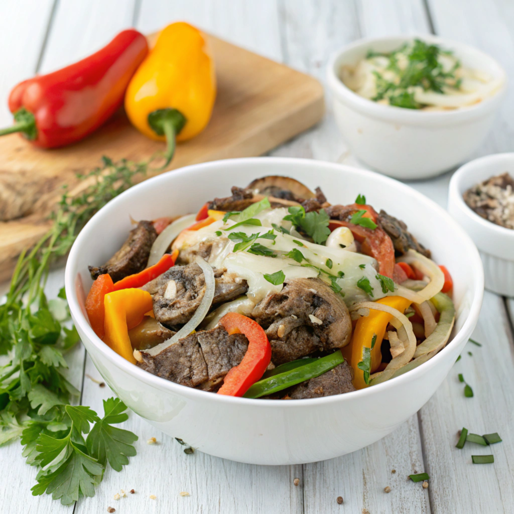 A vibrant and nutritious healthy Philly cheesesteak bowl featuring colorful vegetables, lean protein, and melted cheese.