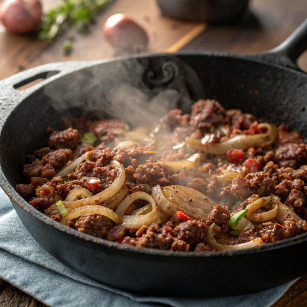 Ground beef and onions cooking in a skillet.