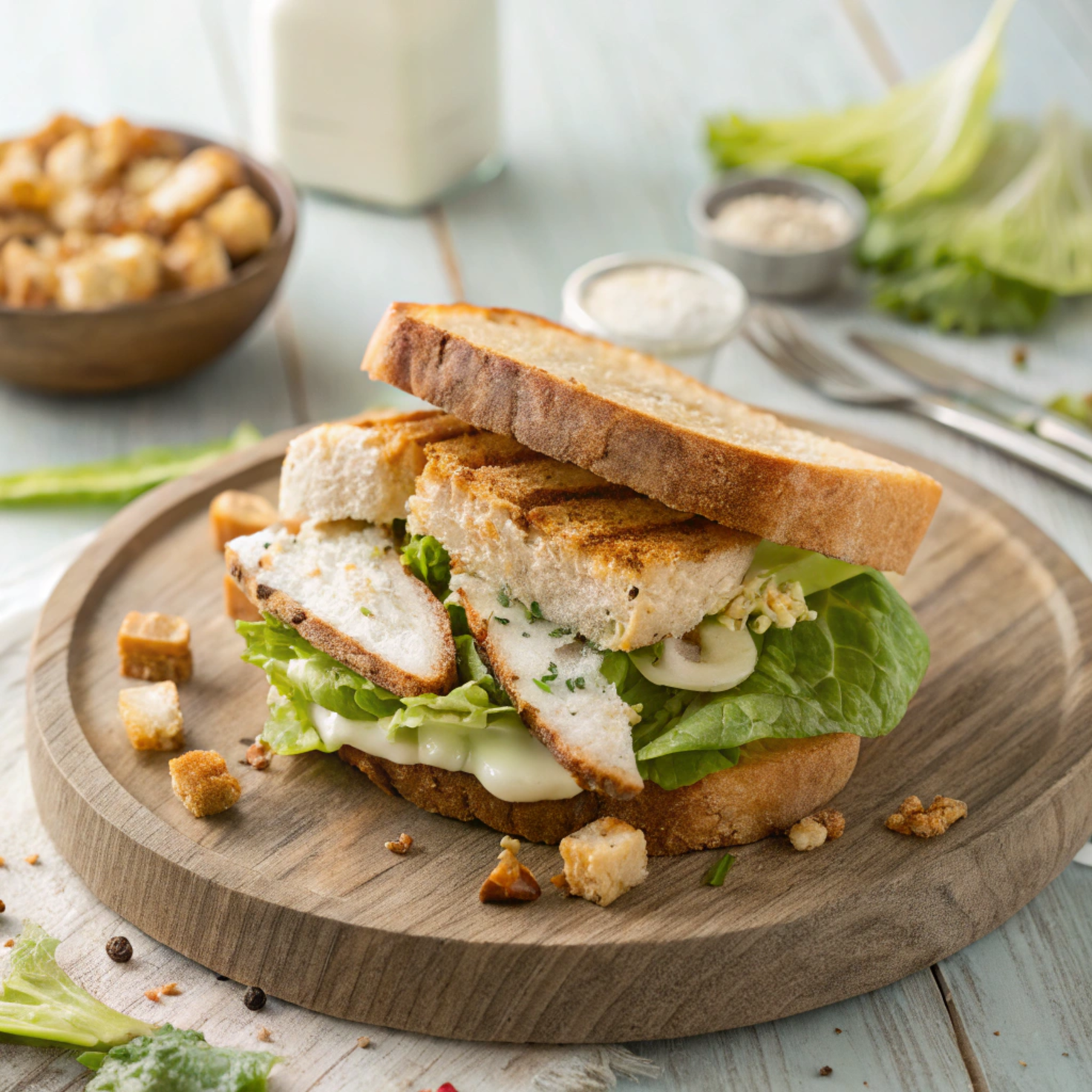 Freshly prepared Chicken Caesar Salad Sandwich on a wooden plate