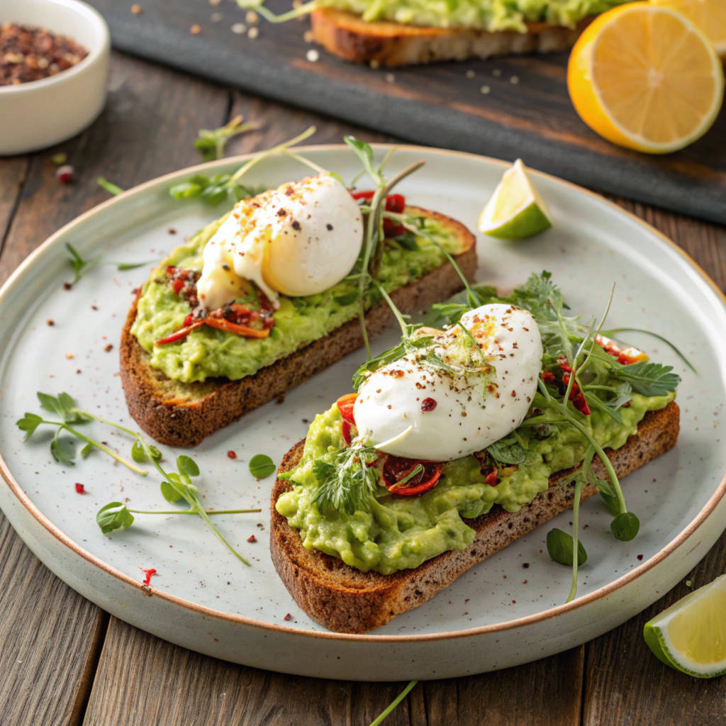 A perfectly plated avocado toast topped with poached eggs and garnished with microgreens.