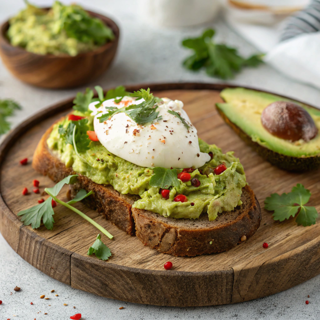 A beautifully plated avocado toast with poached egg garnished with fresh herbs