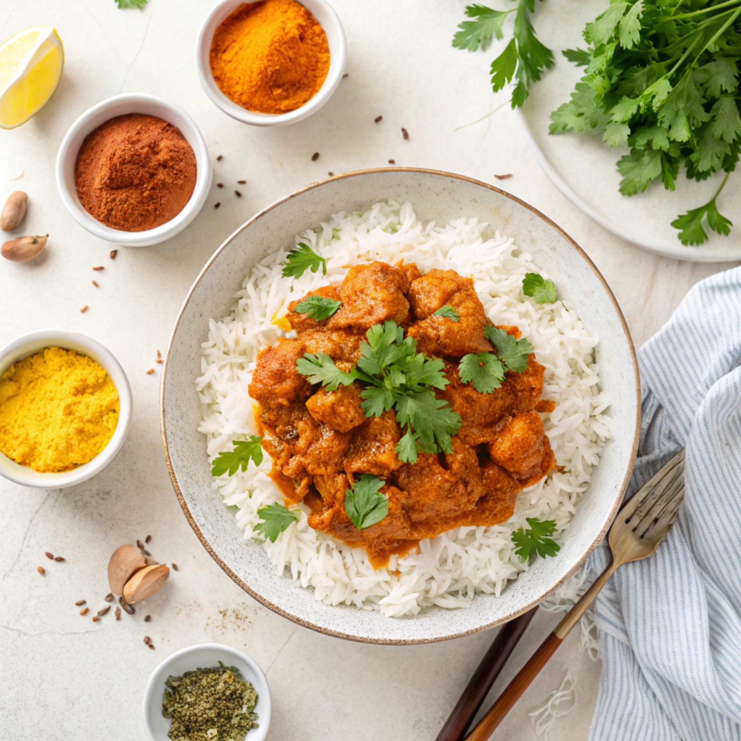 A plate of Chicken Tikka Masala served with basmati rice and garnished with cilantro.