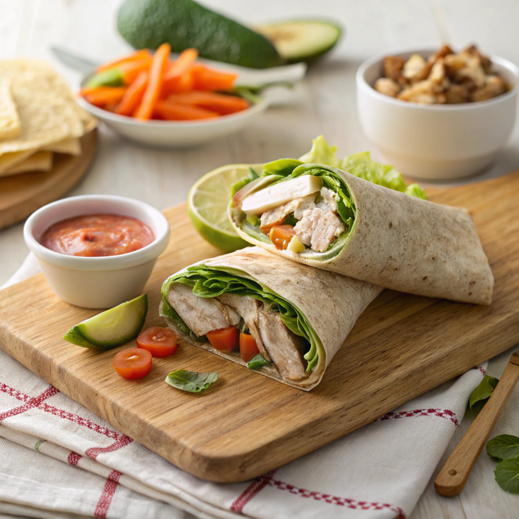 A colorful turkey and veggie wrap sliced in half, revealing layers of turkey, fresh vegetables, and a soft tortilla.