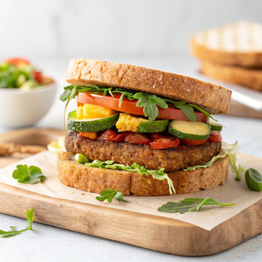 A plant-based breakfast sandwich with greens.