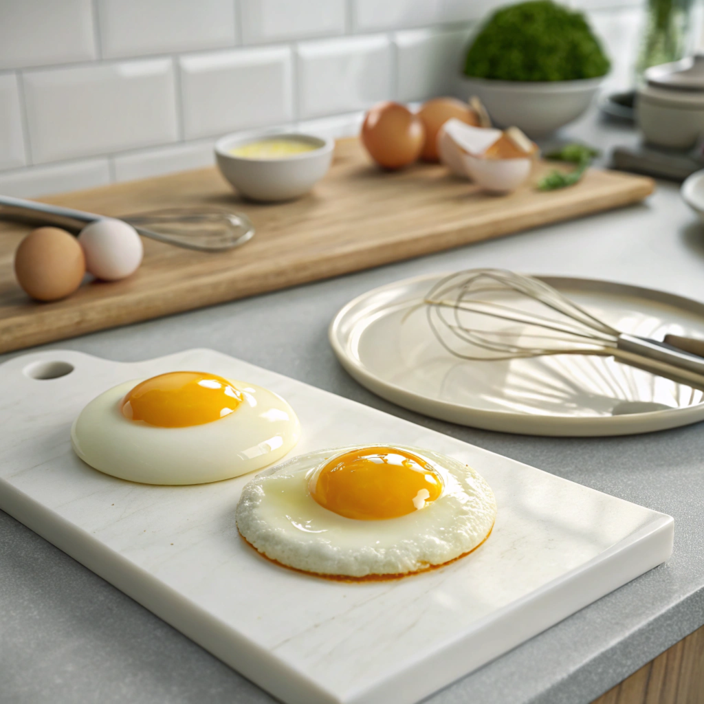 An example of a poorly poached egg with spreading whites.