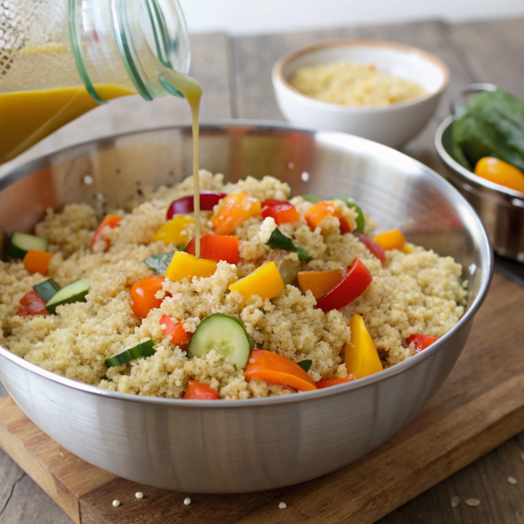 Quinoa and roasted vegetables in a mixing bowl.