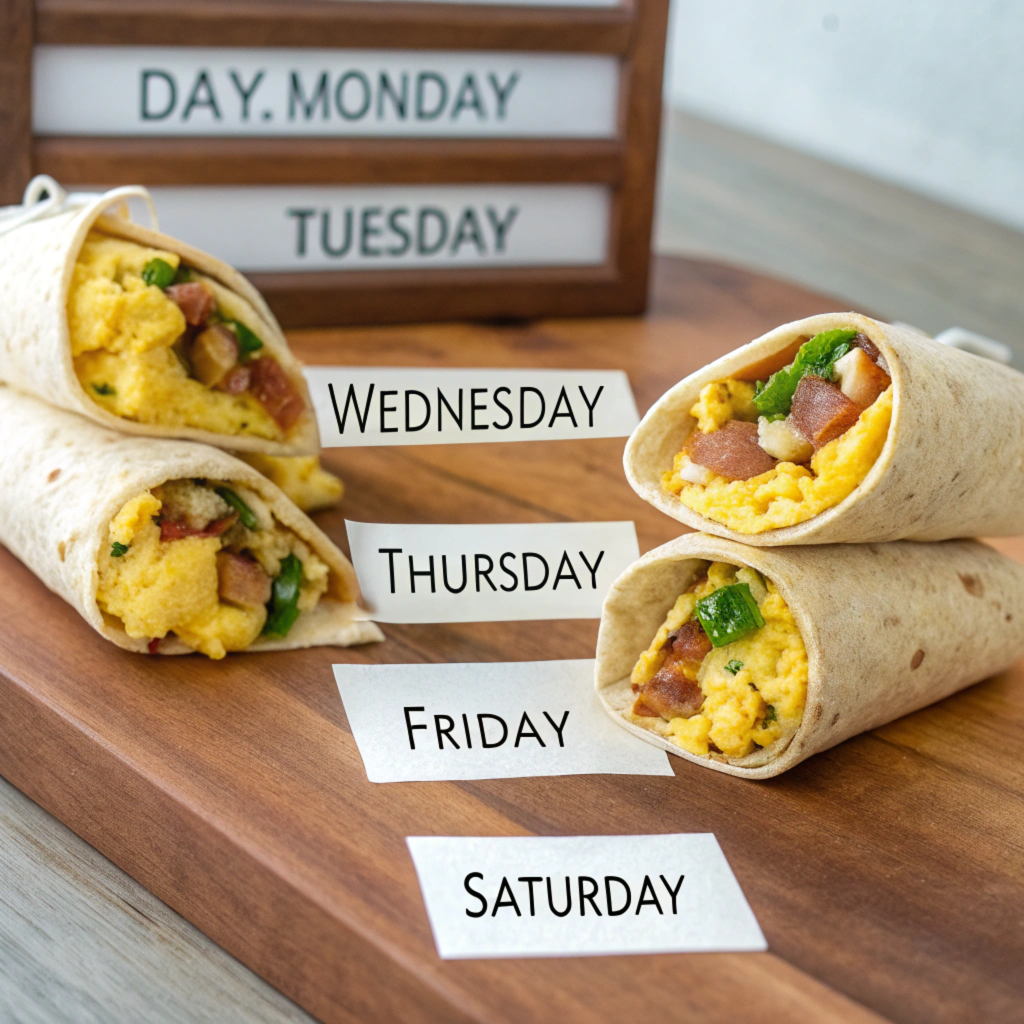 A variety of breakfast burritos labeled by day of the week.