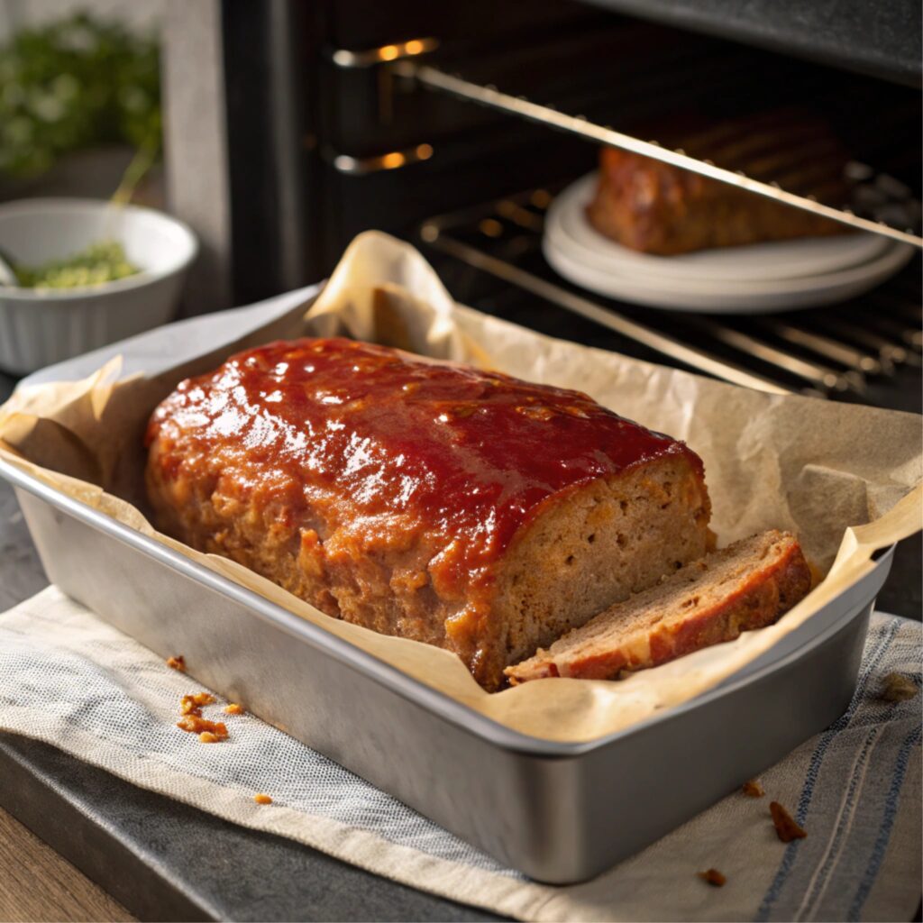 A glazed meatloaf baking in the oven